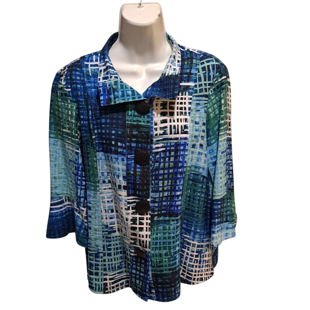 Ali Miles Women's Petite Printed Knit Mesh Button Front Jacket Sz PM - Picture 2 of 12